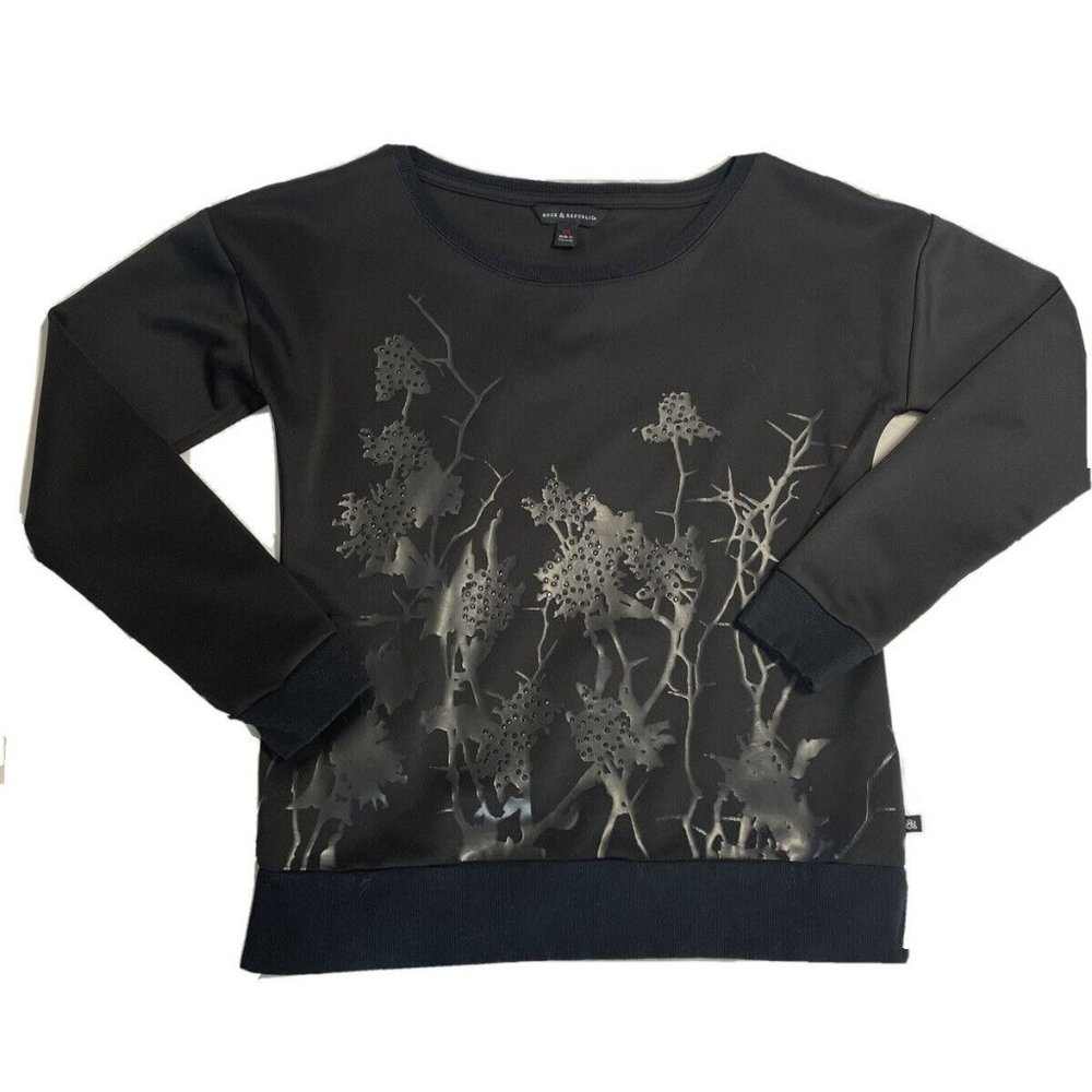 Rock & Republic Black Sweatshirt Size XS Thorns Rhinestones Floral Bling Women